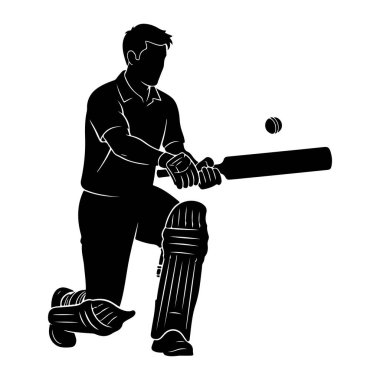 Siyah bir kriket oyuncusunun silüeti, beyzbol sopasıyla topa vurmaya hazırlanıyor. Oyuncu koruyucu pedler ve eldivenler giyiyor. Top yarasanın yanındaki havada görünüyor. Görüntü sporun basit, grafik bir temsilidir..