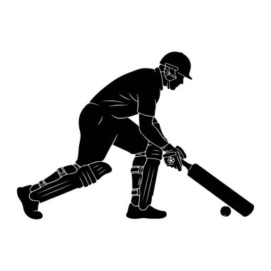 Siyah bir kriket oyuncusunun silueti hareket halinde, kask takıyor, pedleri takıyor ve elinde beyzbol sopası tutuyor, yanında da bir top var. Oyuncu vuruş pozisyonunda, kriket maçında bir an oynadığını gösteriyor. Görüntü net ve net, bir forma odaklanıyor