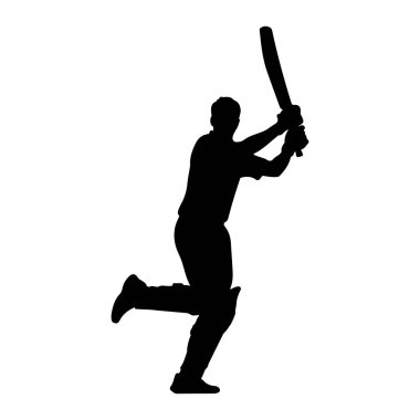 Siyah bir kriket oyuncusu silueti, kriket sopasıyla sallanırken. Oyuncu bacaklarına koruyucu pedler takmış ve topa vuruyor gibi görünüyor. Şekil, düz beyaz bir arkaplan üzerinde tasvir edilir, vurgu