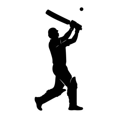 Siyah bir kriket oyuncusu silueti, topa vurmak için sopa sallıyor. Oyuncu koruyucu giysiler giyiyor. Pedler ve kask da dahil. Görüntü, dinamik hareketi vurgulayan, beyaz arkaplana karşı siyahın katıksız kontrastıdır.