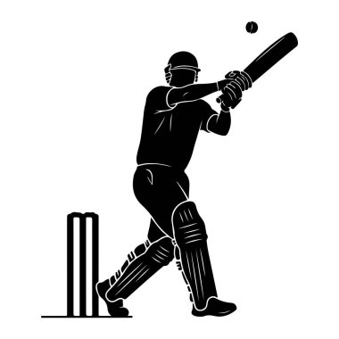Siyah bir kriket oyuncusu silueti salıncağın ortasında, elinde sopayla topa vurmak üzere. Oyuncu kask ve koruyucu pedler takıyor. Üç kütüğü ve iki kefaleti olan bir kale oyuncunun solunda duruyor. Arkaplan beyaz.