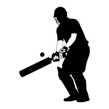 Siyah bir kriket oyuncusunun silüeti iş başında. Oyuncu kask, ped ve eldiven takıyor ve topa vurmaya hazır kriket sopası tutuyor. Arkaplan düz beyaz.