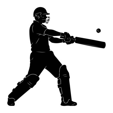 Bir kriket oyuncusunun siyah silueti, bir kask ve pedler de dahil olmak üzere tam vuruş teçhizatıyla bir topa kriket sopası sallarken yakalanır. Top havada görülebilir, sadece vurulmuş ya da vurulmak üzere. Arka plan... 