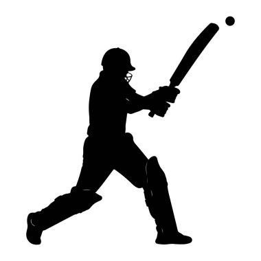 Siyah bir kriket oyuncusunun silüeti iş başında. Oyuncu kask ve yastık takıyor, elinde kriket sopasıyla topa vuruyor. Top yarasanın yanındaki havada görünüyor. Arkaplan düz beyaz.