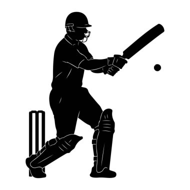 Siyah bir kriket oyuncusunun silüeti vuruş pozisyonunda, sopayı tutuyor ve topa vurmaya hazır. Oyuncu kask, ped ve eldiven takıyor. Oyuncunun arkasında bir kriket kalesi görünür. Arkaplan beyaz.