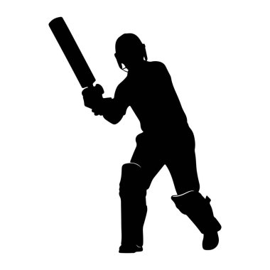 Kriket sopası tutan bir kriket oyuncusunun siyah silüeti. Oyuncu bacaklarına kask ve koruyucu pedler takmış. Hareketin ortasında yakalanan figür, güçlü bir vuruşun ya da darbenin göstergesi. Arkaplan düz beyaz