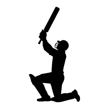 Siyah bir kriket oyuncusunun silüeti iş başında. Oyuncu bir kask ve koruyucu kıyafet giyiyor, dizlerinin üzerine çöküp kafasına kriket sopasıyla vurmaya hazırlanıyor. Resim beyaz bir arkaplanda izole edilmiştir.