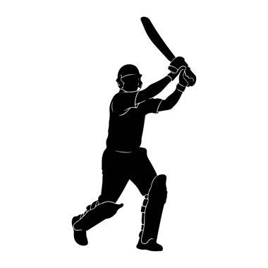 Siyah bir kriket oyuncusunun silüeti, sopayla sallanırken. Oyuncu bacaklarına kask ve koruyucu pedler takmış. Şekil, dinamik duruşu ve sporun kendisini vurgulayan düz beyaz bir arkaplana karşı tasvir edilmiştir..