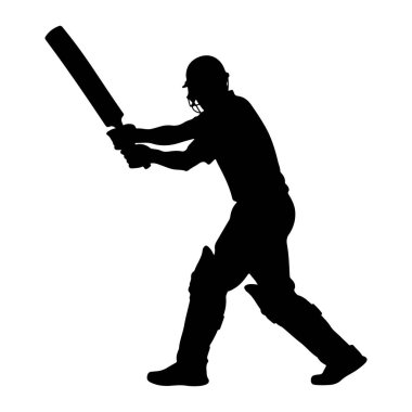 Kriket sopası tutan bir kriket oyuncusunun siyah silüeti. Oyuncu bacaklarına kask ve koruyucu pedler takmış. Salıncağın ortasında yakalanan figür, oyunun aksiyon odaklı bir anını işaret ediyor. Arkaplan p