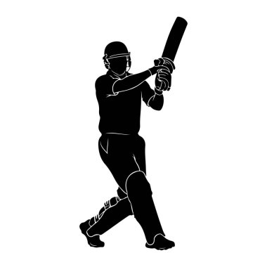 Siyah bir kriket oyuncusunun silüeti vuruş pozisyonunda, iki eliyle kriket sopası tutuyor, kask, ped ve eldiven takıyor. Oyuncu salıncakta, bacakları güç için hazır. Arkaplan düz beyaz.