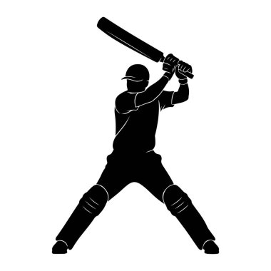 Siyah bir kriket oyuncusunun silüeti vuruş pozisyonunda, kafalarının üstünde kriket sopası tutuyor, vurmaya hazır. Oyuncu bacaklarına şapka ve koruyucu pedler takıyor. Resim beyaz bir arkaplanda izole edilmiştir.