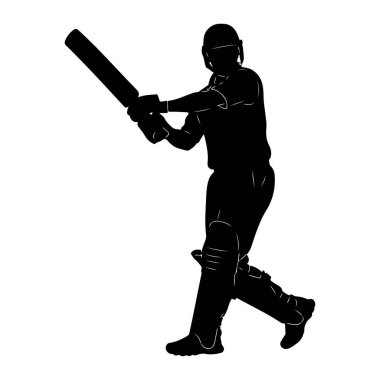Siyah bir kriket oyuncusunun silüeti vuruş pozisyonunda, sopa tutuyor ve kask ve pedleri de içeren koruyucu giysiler giyiyor. Salıncağın ortasında çekilen figür, yarasayı kaldırdı ve gövdesi darbe için konumlandırıldı. Görüntü açık ve net.,