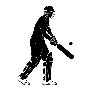 Beyzbol sopasıyla topa vururken, kask, ped ve eldiven de dahil olmak üzere, kriket takımının siyah silüeti resmedilir. Oyuncu dinamik bir pozisyonda, orta-ai 'de gösterilen topa vurmaya hazır.