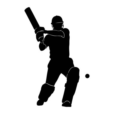 Siyah bir kriket oyuncusu silueti topa vurmak için sopa sallıyor. Oyuncu bacaklarına kask ve koruyucu pedler takmış. Görüntü beyaz arkaplanlı, sporcunun dinamik duruşunu vurgulayan bir grafik çizimi.
