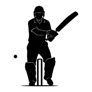 Siyah bir kriket vurucusunun silüeti, sopayı tutuyor ve izleyiciye bakıyor. Vurucu kask ve koruyucu pedler takıyor. Çerçevenin solunda bir kriket topu görülebilir, ve önünde kütükler olan bir kale var.