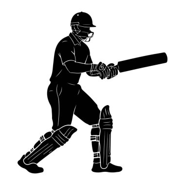 Bir kriket oyuncusunun siyah silueti beyaz arka planda vurucu duruşu ile tasvir edilir. Oyuncu kask takıyor ve bacaklarında yüz koruyucusu, eldiven ve koruyucu pedler var. Kriket sopası tutuyorlar, vurmaya hazır. Çıkış!