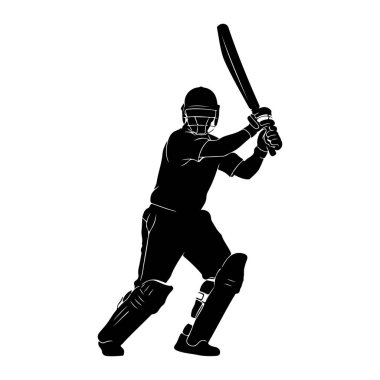 Vuruş pozisyonunda bir kriket oyuncusunun siyah silüeti. Oyuncu kask takıyor, pedleri takıyor ve kriket sopası tutuyor, vurmaya hazır. Resim, beyaz bir arkaplana karşı basit bir özet.