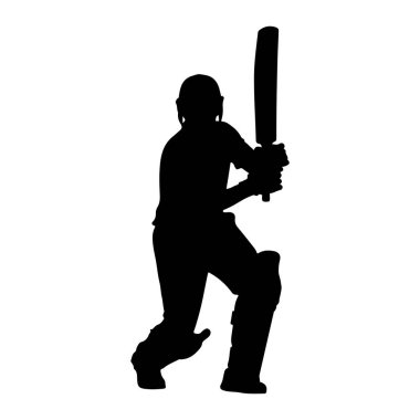 Kriket sopası tutan bir kriket oyuncusunun siyah silueti. Oyuncu bacaklarına kask ve koruyucu pedler takmış. Şekil, düz beyaz bir arkaplana karşı tasvir edilir.