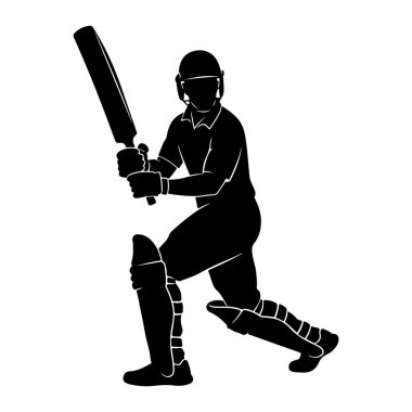 Vuruş pozisyonunda bir kriket oyuncusunun siyah silüeti. Oyuncu bacaklarına kask ve koruyucu pedler takmış. Kriket sopasını iki elle tutuyorlar, vurmaya hazırlar. Arkaplan düz beyaz.