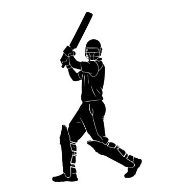 Siyah bir kriket oyuncusunun silüeti, vuruş pozisyonunda, bir sopa tutuyor ve koruyucu giysiler giyiyor, miğfer ve pedler de dahil. Bu figür hareketli bir şekilde resmedilmiş, bu da oyunda aktif bir an olduğunu gösteriyor. Arkaplan düz beyaz.