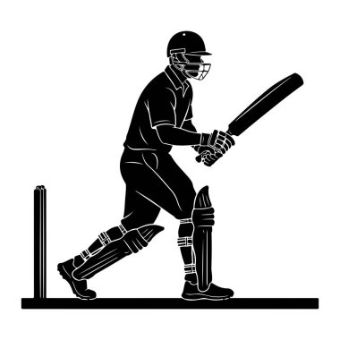 Bir kriket oyuncusunun siyah silueti beyaz arka planda vurucu duruşu ile tasvir edilir. Oyuncu yüz koruyucusu, gömlek, yastıklı bacak koruyucusu ve eldivenli bir kask giyiyor. Bir kriket sopasını kütüğün olduğu yerde tutuyorlar.