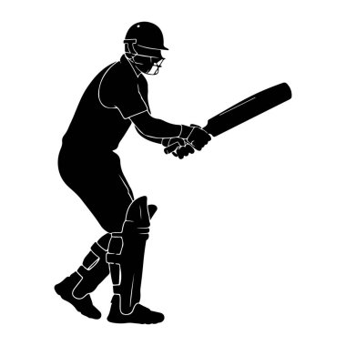 Kriket sopası tutan bir kriket oyuncusunun siyah silueti. Oyuncu kask ve koruyucu bacaklar takıyor. Resim beyaz bir arkaplanda izole edilmiştir.