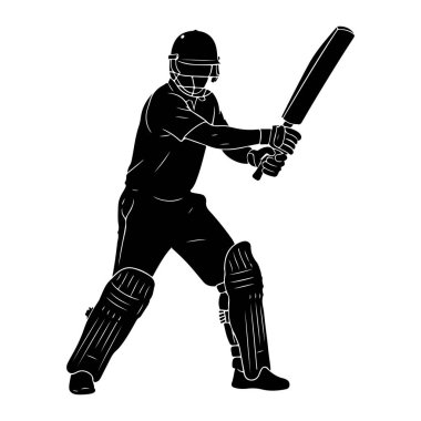 Kriket sopası tutan bir kriket oyuncusunun siyah silueti. Oyuncu bacaklarına kask ve koruyucu pedler takmış. Resim, beyaz arkaplanı olan grafik bir resimdir..