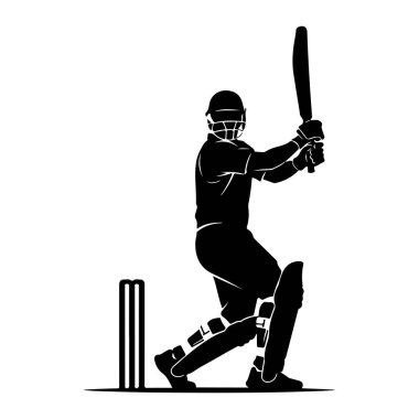 Siyah bir kriket sopasının silüeti, sopa tutuyor ve koruyucu giysiler giyiyor. Kask ve pedler de dahil. Üç bacaklı kale oyuncunun solunda görülebilir. Görüntü beyaz sırtlı bir grafik tasviri.