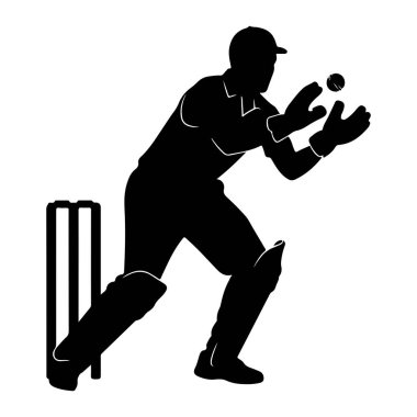 Eylemde, eldivenler ve pedler de dahil olmak üzere tam teçhizatlı bir kriket oyuncusunun siyah silueti resmedildi. Oyuncu bir kalenin yanında, kolları havada bir topu yakalamak için açık bir şekilde duruyor. Görüntü siyah beyaz, vurgulu. 