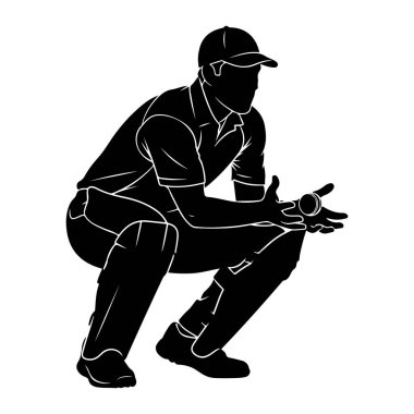 Çömelmiş vaziyette, kep, üniforma ve koruyucu pedler takan siyah bir kriket oyuncusunun silüeti. Oyuncu eldivenli ellerinde kriket topu tutuyor, yakalamaya ya da almaya hazır gibi görünüyor. Görüntü bir grafik çizim ile 