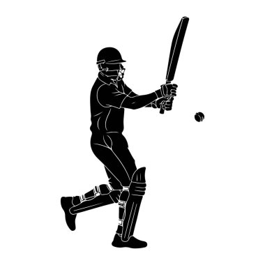 Cırcır böceğinin siyah silueti koruyucu giysiler içinde, miğfer ve pedler dahil, kriket sopasıyla topa vuruyor. Oyuncu, sopa havada ve top yakınlarda hareket halindeyken orta hareketli tasvir edilir. İllüstrasyon simsiyah ve...