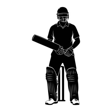 Elinde sopayla bekleyen siyah bir kriket oyuncusu silueti. Oyuncu kask, gömlek, ped ve eldiven giyiyor. Kaleler oyuncunun arkasında görünür. Görüntü katıksız bir siyah beyaz grafik gösterimidir..