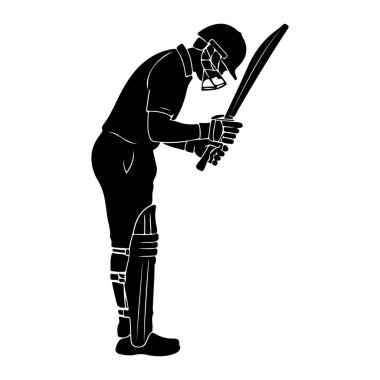 Siyah bir kriket oyuncusu silueti, vuruş pozisyonunda, kask takıyor, ped takıyor ve sopa tutuyor. Şekil eğiliyor, oyuna odaklanıyor. Resim, beyaz arkaplana karşı basit, grafik bir gösterimidir.