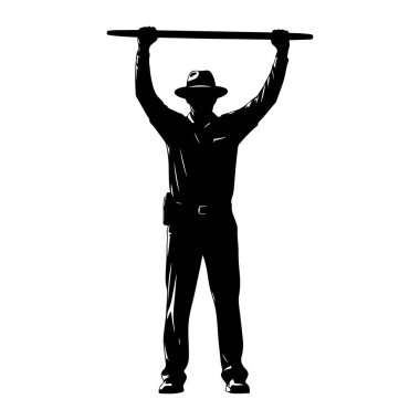 Şapka takan ve iki eliyle uzun bir direği yatay olarak başının üstünde tutan siyah bir siluet. Üzerinde gömlek, pantolon ve kemer olan bir çanta takılı bir figür var. Siluet beyaz bir arkaplanda izole edilmiş..