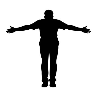 Siyah bir adam silueti kollarını yanlara doğru açmış duruyor. O bir tişört ve pantolon giyiyor. Arka plan bembeyaz..