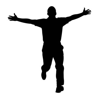 Siyah bir siluet, kolları açık ve bacakları beyaz bir arka plana karşı koşu ya da zıplama hareketinde olan bir adam. Bu figür sevinç ve özgürlüğü kutluyor ya da ifade ediyor gibi görünüyor..