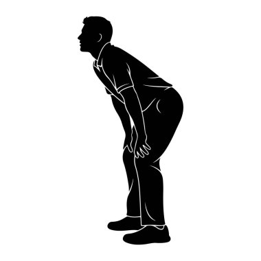 Bir adamın siyah silueti yan tarafından tasvir edilir, elleri dizlerinin üzerinde dinlenirken öne doğru eğilir. O yakalı bir gömlek, pantolon ve ayakkabı giyiyor. Arkaplan bembeyaz, siyah figür ile tam bir kontrast oluşturuyor. Poz şekerim.