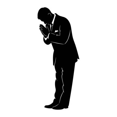 Takım elbise, gömlek ve kravat giyen bir adamın siyah silueti derinden eğilerek tasvir edilir. Elleri onun önünde birbirine kenetlenmiş. Şekil beyaz bir arkaplanda izole edilmiştir. Silüetin temiz çizgileri, resmi ya da saygılı bir jest olduğunu gösteriyor.