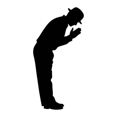 Şapka takan ve resmi kıyafet giyen bir adamın siyah silueti elleri önünde birbirine sıkıca yapışmış olarak derin bir şekilde eğildiği tasvir edilir. Beyaz bir arka planda izole edilmiş olan figür, saygı, dua veya derin bir tefekkür hissi taşır..