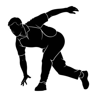 Bowling oynayan bir adamın siyah silueti. Eğilir, bir eli yere doğru uzanır ve diğer kolu arkasına uzanır. Vücudu öne dönük, bu da bir bowling topu atma sürecinde olduğunu gösteriyor. Görüntü