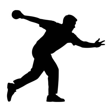 Siyah bir siluet, hareket halindeki bir adam topu yuvarlıyor. Kolunu uzatmış ve topu elinde tutarak orta atışında tasvir edilir. Vücudu açılı, hareketin gücünü ve devamını gösteriyor. Siluet, düz beyaz bir sırta karşı katıdır.