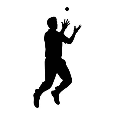 Havadaki bir adamın siyah silueti, iki eliyle küçük, karanlık bir topu yakalamak için uzanıyor. Adam tişört ve pantolon giyiyor, vücudu dinamik bir duruşla atletik hareket izlenimi veriyor. Arkaplan düz beyaz.