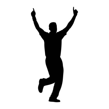 Siyah siluet bir adam tasvir edilir kolları havada, her işaret parmağı yukarıya doğru. Bir bacağı bükülmüş ve diğeri de uzamış bir şekilde orta atlama ya da adımın ortasında gibi görünüyor. Şekil, düz beyaz bir arka plana karşı koyu siyahtır.