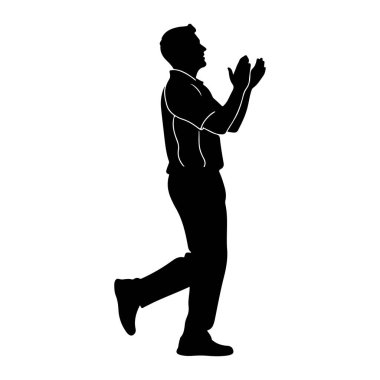 Siyah siluet bir adam elleri birbirine kenetlenmiş, alkışlıyor gibi görünüyor. Profilde sola bakıyor, sağ bacağı hafifçe öne doğru hareket ediyor. Adam yakalı gömlek ve pantolona benzeyen bir şey giyiyor. Şey... 