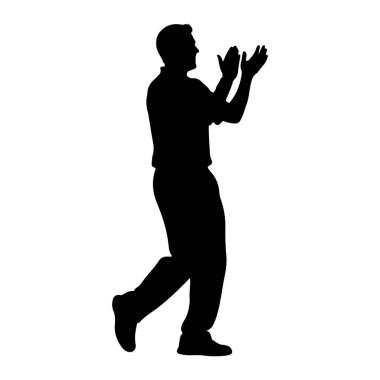 Bir adamın siyah silueti beyaz bir arka plana karşı yan tarafından tasvir edilir. Sol bacağı önde, sağ bacağı arkada hareket halinde. Kollarını kaldırdı ve ellerini çırpıyor. Bu da alkış ya da el çırpma eylemi olduğunu gösteriyor.
