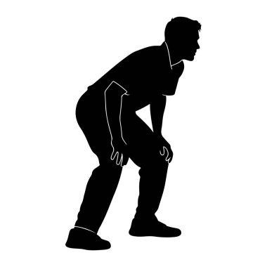 Bir adamın siyah silueti dizleri bükük ve elleri dizlerinin üzerinde dinlenen çömelmiş bir şekilde tasvir edilir. Vücudu yana doğru açılı ve başı hafifçe çevrilmiş. Önündeki bir şeye odaklandığını gösteriyor. H 'nin ana hatları