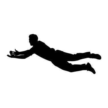 Siyah bir siluet, havada küçük bir topu yakalamak için kollarını açıp öne doğru dalan bir adam. Vücudu yatay olarak uzanıyor, bacakları arkadan kayıyor ve yüzü topa doğru dönüyor. Resim beyaz bir arkaplanda izole edilmiştir.