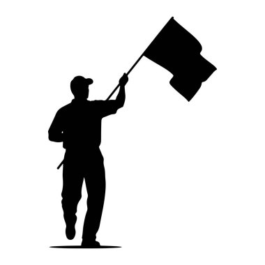 Beyaz arka planda, kep ve gömlek giyen bir kişinin siyah silueti tasvir edilir. Direğin üzerinde sağ kolu havada bir bayrak tutuyor ve bayrak sallanıyor gibi görünüyor. Kişinin sol kolu bükülür ve ona yakın durur.