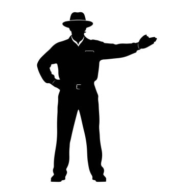 Fötr şapka takan bir adamın siyah silueti ve kemerli yakalı bir gömlek beyaz arka plana karşı tasvir edilir. Sol kolu dirseğinde, eli kalçasında ve sağ kolu dışa doğru, eli açık ve...