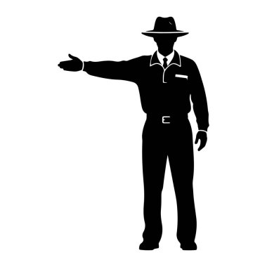 Şapka, yakalı gömlek, kravat ve pantolon giyen bir adamın siyah silueti beyaz arka planda duruyor. Sol kolu yatay olarak sola doğru uzanıyor, eli açık ve avuç içi öne bakıyor, sanki bir işaret ya da talimat veriyormuş gibi. Şekil.